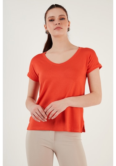 Lela V Yaka Rahat Kesim Yırtmaçlı Bayan Bluz 5862000 Nar Çiçeği