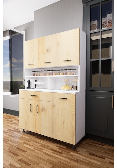 Mirobi Zimbal Çok Bölmeli Dekoratif Mutfak Dolabı Beyaz-rivoli Atlantik Çam Beyaz