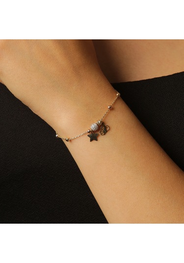 Taşlı Yıldız Figürlü Dorikalı Bileklik Sarı Altın