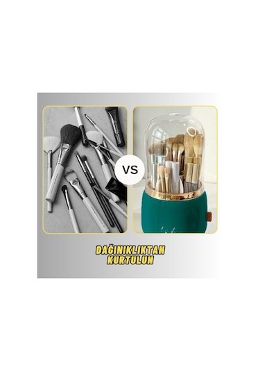 Masaüstü Makyaj Fırçası Ve Kozmetik Düzenleme Kutusu Organizer Bölmeli Dönebilen Yeşil