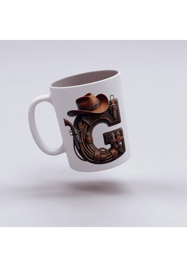 G Harfi Kovboy Temalı Bardak 330 Ml İsim / Harf Kişiye Özel Hediye - Vahşi Batı Konsept Beyaz