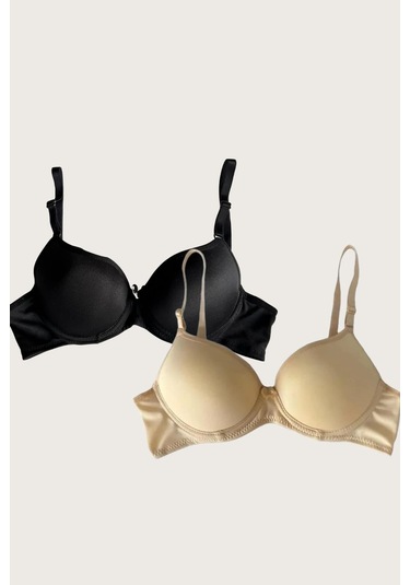 Siyah-ten 2'li Mikro Kumaş Push Up Dolgulu Balenli Günlük Destekli Sütyen Görsel