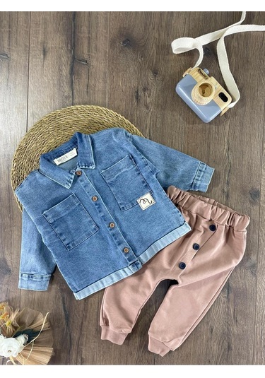 Çift Cep Kot Gömlek Düğme Detaylı Likralı Pantolon Mevsimlik Erkek Bebek Takım Kahverengi