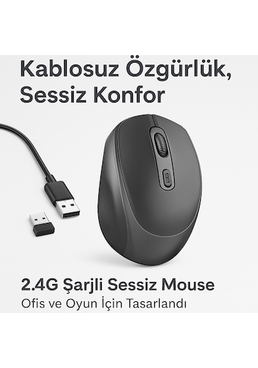 Kablosuz Şarjlı Sessiz Mouse 2.4g Wireless, 1200 Dpı, Şarj Edilebilir, Siyah B-200