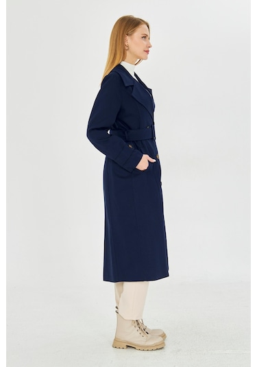 %100 Pamuk Ekstra Uzun 120cm Kruvaze Kadın Trençkot 1121 Lacivert
