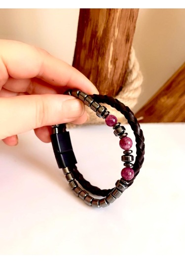 %100 Deri&hematit Kombin Siyah-lila Erkek Bileklik Net 21cm Siyah - Pembe