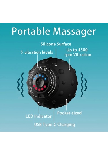 Honeybeeshop Siyah 5 Hizli Yuksek Yogunluklu Sarj Edilebilir Titresimli Masaj Topu Kas Fitness Servikal Omurga Bel Ayak Icin Elektrikli Yoga Topu Siyah