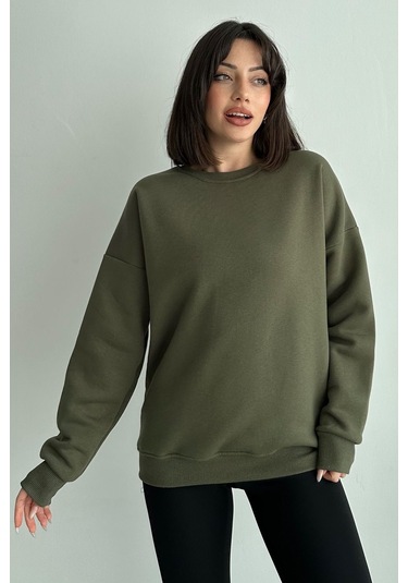 Kadın Haki Bisiklet Yaka Oversize Sweatshirt Haki