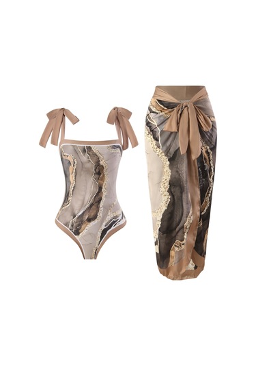 Plaj Kaplıca Mayosu 2 Parçalı Kahverengi Desen Tek Parça Bikini Kahverengi