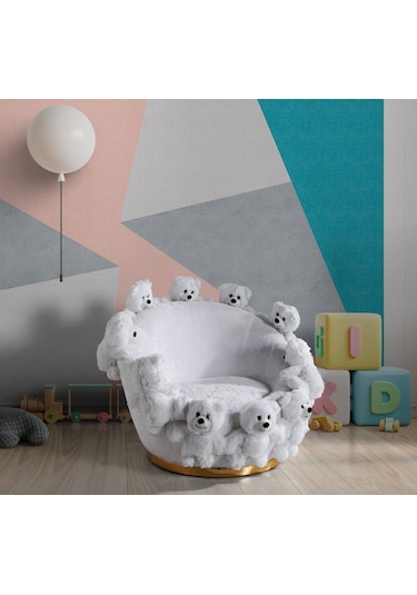 Most Teddy Kids Beyaz Ayıcıklı Peluş Kumaş Döner Berjer Evinize Beyaz