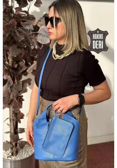 Hakiki Deri Kadın El Çantası Mavi Smr9200 Mavi