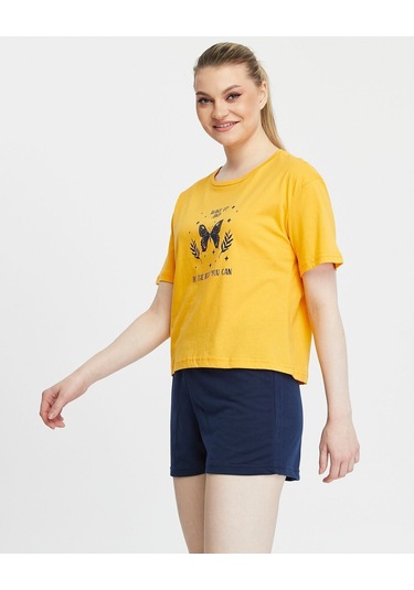 Bella Dossi Pamuklu Kısa Kollu Baskılı Kadın Şortlu Yazlık Pijama Takımı Sarı-lacivert Lacivert - Sarı