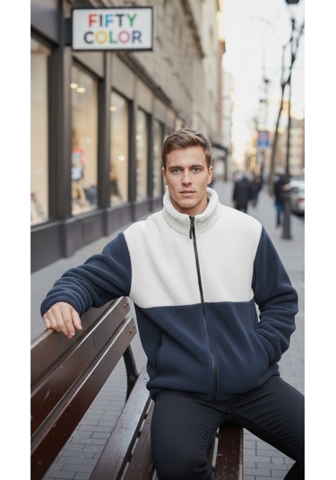 Premium Kalite Renk Bloklu, Fermuarlı, Dik Yaka, Sherpa, Polar, Peluş Ceket Lacivert - Beyaz