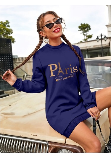 Stilaura Kadın Uzun Kollu Bisiklet Yaka Yazılı Kısa Viskon Iki Iplik Elbise Lacivert