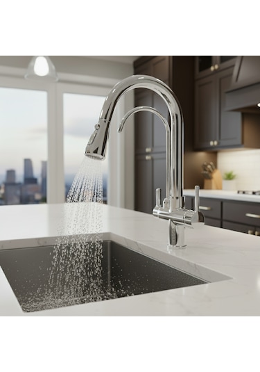 0650 Arıtmalı Spiralli Mutfak Bataryası Siyah Beyaz Krom Gold Renk Krom