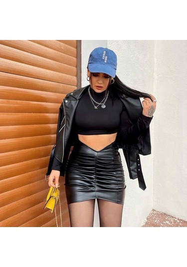 Şık Çanta Kalça Etek Mizaç Düz Renk Pileli Pu Kadın Etek Yakışıklı İnce Yüksek Bel A Kesim Etek Siyah