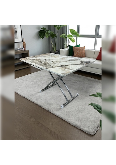 Ortadan Açılır Akıllı Masa Üst Mdf Beyaz Mermer Alt Ayak Krom