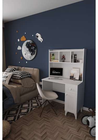 Df09105 Çekmeceli Kapaklı Kitaplıklı Çalışma Masası Bilgisayar Masası Beyaz