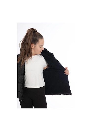 Kız Çocuk Polarlı Kürklü Kapüşonlu Su Geçirmez Rüzgara Dayanıklı Cepli Şişme Kışlık Mont Siyah