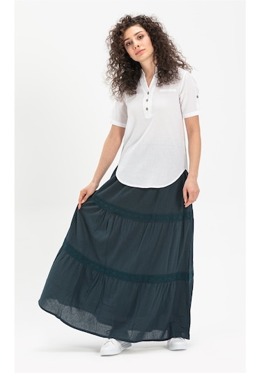 Uzun Şile Bezi Dantelli Etek Petrol Ptrl