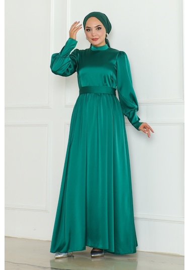 Kuşaklı Saten Abiye 1136 - Zümrüt Yeşili