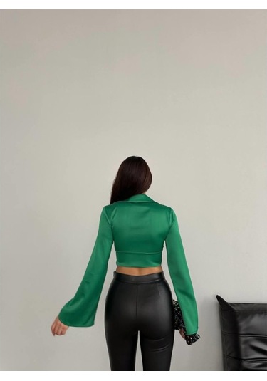 Saten Crop Bluz - Yeşil Renkli