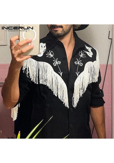 İncerun Bahar Erkek Püskül Baskılı Uzun Kol Bol Üstler Siyah