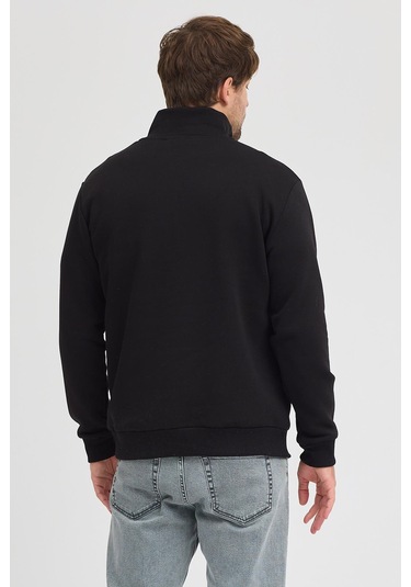 Unisex Regular Fit Rahat Kesim Pamuklu Içi Polarlı Yarım Fermuarlı Siyah Dik Yaka Sweatshirt Siyah