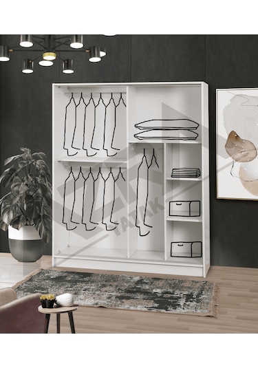 Azra Yatak Yağmur Sürgülü Askılıklı Raflı Beyaz Gardırop - 140 Cm