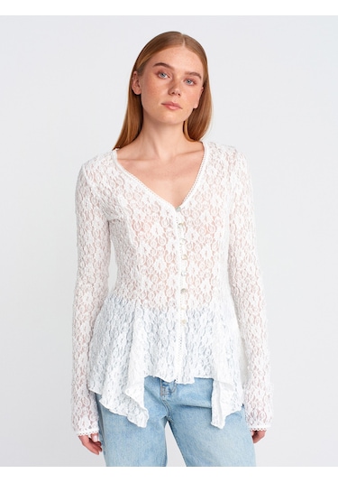 Dilvin 60433 Düğmeli Peplum Dantel Hırka-ekru Ekru