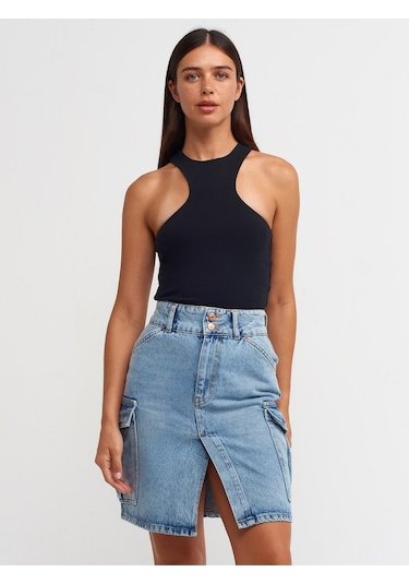 Dilvin 80548 Yanları Cepli Midi Denim Etek-Mavi