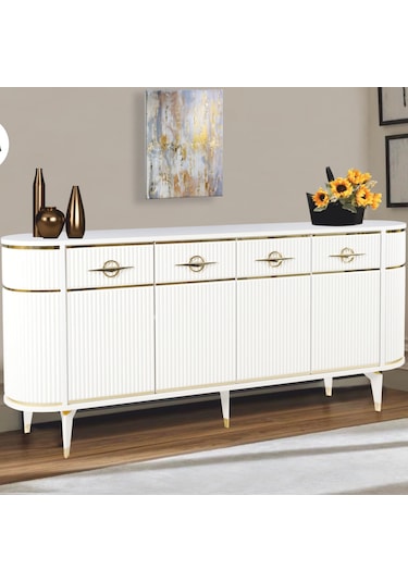 Maya Beyaz Gold Lüks Konsol 4 Kapaklı Şerit Detaylı Metal Ayaklı Tasarım 180x45x84 Cm Beyaz - Gold