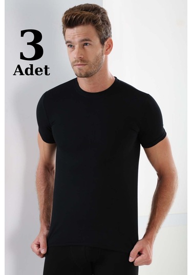 Erkek Siyah Sıfır Yaka Kısa Kol Fanila Tişört %100 Pamuklu Penye 3'lü Paket Siyah