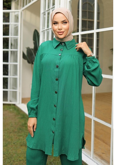 Büzgü Detaylı Tesettür Yeşil Takım Yeşil