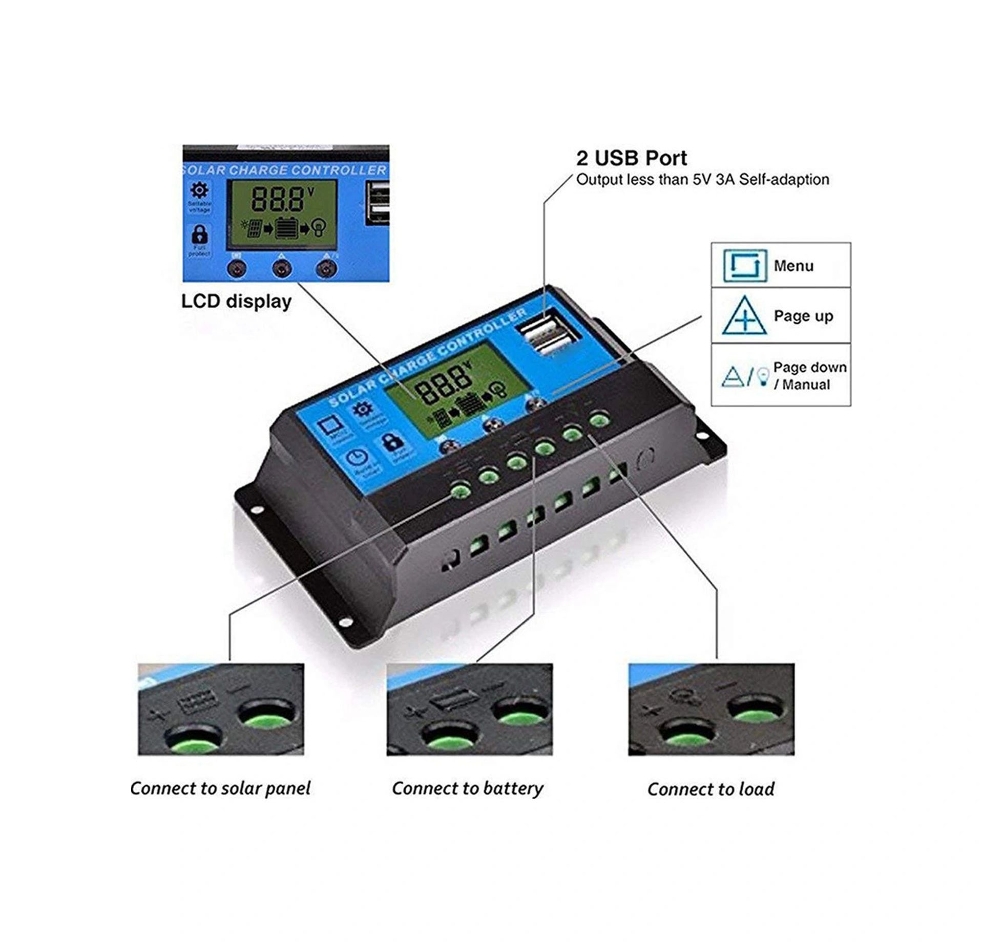 Youtek 12v/24v Güneş Paneli Kontrolörü Mppt, Lcd Ekranlı, 100a, Çift Usb Çıkışı, Aşırı Akım-kısa Devre Koruma, Yüksek Verimli Şarj Regülatörü