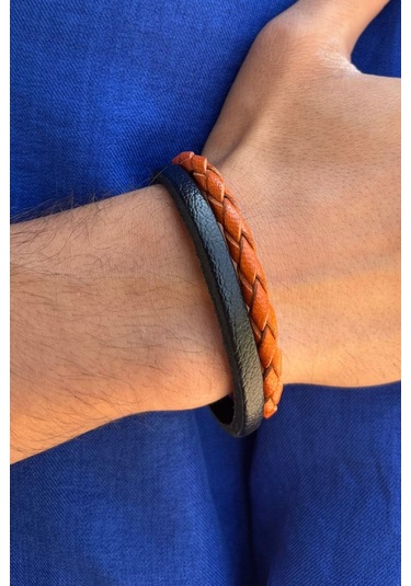 Örgü Dokulu El İşçiliği İle Üretilmiş Hakiki Deri Erkek Bileklik Siyah