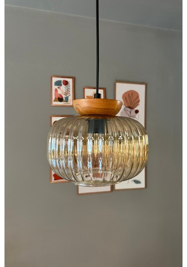 Mola Cam Bal Rengi Tekli Avize Tabak Ahşap Başlık Retro Sarkıt Lamba Restoran Salon Aydınlatma Bal