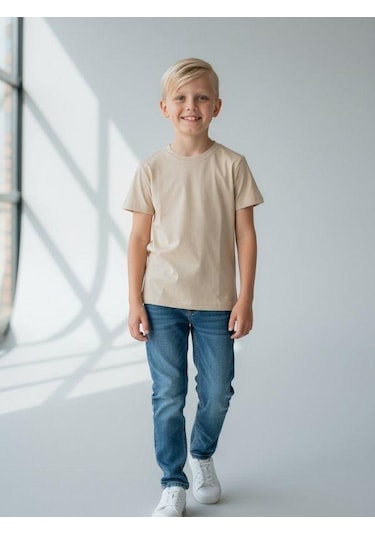 Zekids Çocuk Pamuklu Basic Yuvarlak Yaka T-shirt-16714 Bej