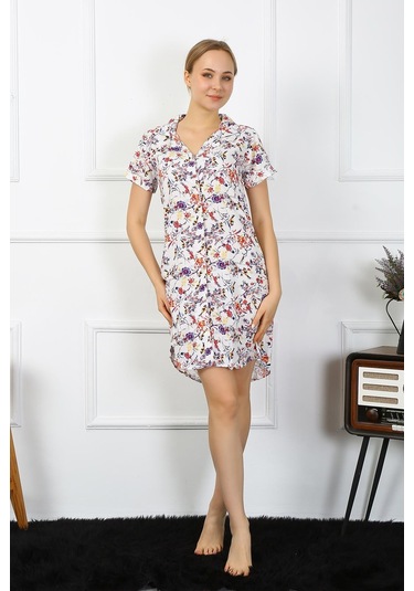 Akbeniz Kadın Penye Kısa Kol Düğmeli Ekru Tunik Gecelik 13104-ekru Ekru