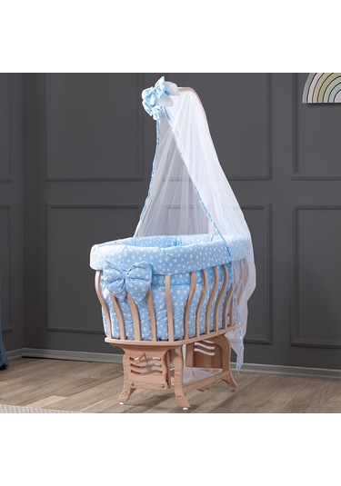 Setaymobilya Doğal Ağaç Beşik, Kristal Yıldızlı Sepet Beşik+Uyku Seti+Cibinlik