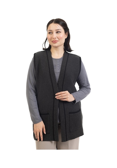 Kadın Orta Yaş Ve Üzeri Triko Örgü Minik Baklava Desen Düğmesiz Anne Yelek 332-siyah Çok Renkli