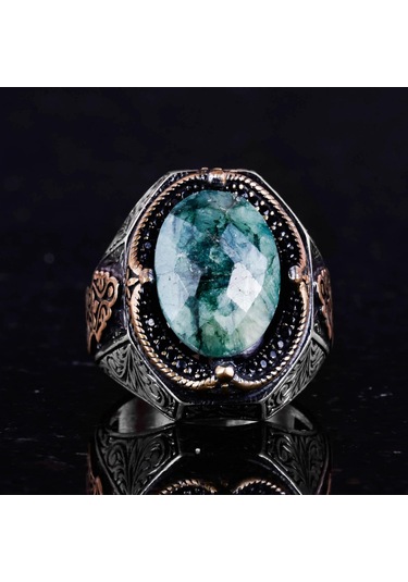 Şık El Yapımı Zümrüt Taşlı Yüzük, 925 Ayar Gümüş Yüzük Gümüş