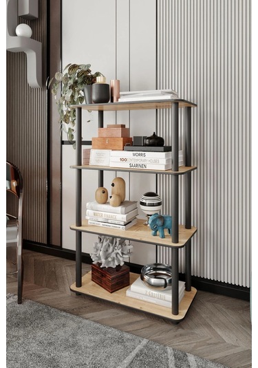 4 Katlı Dekoratif Diktörtgen Kitaplık Meşe Meşe