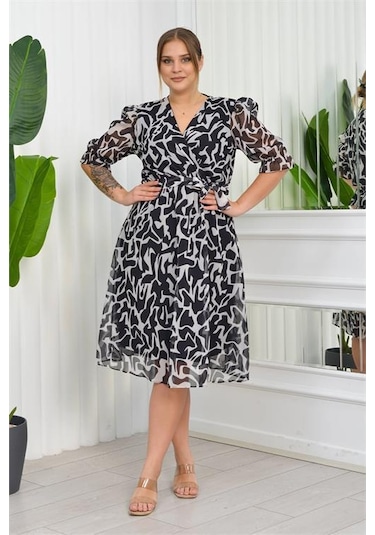 Dip Moda Kadın Büyük Beden Desenli Şifon Elbise Dpnb8063 - Siyah Siyah