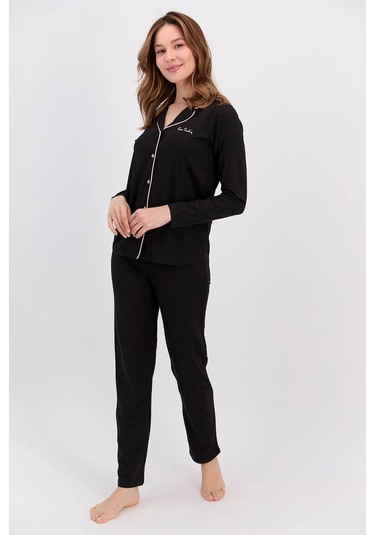 Pierre Cardin 7717 Kadın Modal Uzun Kollu Önden Düğmeli Pijama Takımı-siyah Siyah
