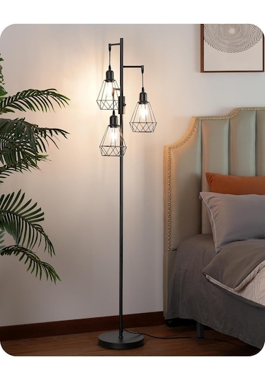 Edishine 3 Başlıklı Dimlenebilir Retro Ayaklı Lamba E27 Led, Kafes Şapkalı, 166 Cm Lambader Siyah Diğer