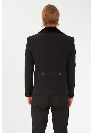 Sposo 1702 Yaka Çıkmalı Kruvaze Yünlü Kaşe Siyah Erkek Kısa Kaban Siyah