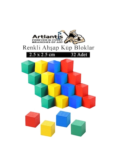 Renkli Ahşap Küp Bloklar 2.5x2.5 Cm 32 Adet Ahşap Renkli Kare Blok Eğitici Geliştirici Oyuncak Küp Matematik Birim Küp