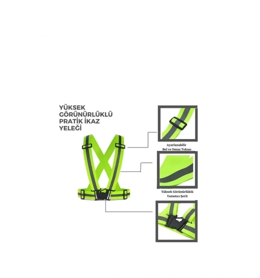 Neon İkaz Yeleği Tokalı Emniyet Kemeri Yelek Pratik Esnek Kumaş F.yeşil