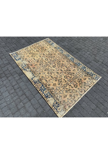 El Dokuma 115x175 Eskitme Vıntage Dekoratif %100 Yün Mavi Krem Mavi